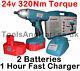 24v Cordless Impact Wrench Gun 1/2 Drive With 2 Twin Batteries & 1h Charger 24v
