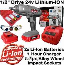 24v Li-Ion Cordless Impact Wrench Gun 1/2Dr 2 Batteries 3pc Alloy Wheel Sockets