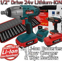 24v Li-Ion Cordless Impact Wrench Gun 1/2 Drive & 2 Lithium Batteries & Sockets