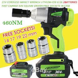 2 Batteries Cordless Impact Wrench Driver 460Nm Electric Rattle Nut Gun 1/2 New