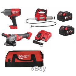 Milwaukee 18v 3 Piece Kit m18gg Grease Gun, Angle Grinder, 1/2 Impact Wrench