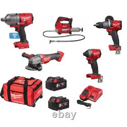 Milwaukee 5 Piece 18v Kit 3/4 Wrench Grinder Grease Gun Drill Impact Driver