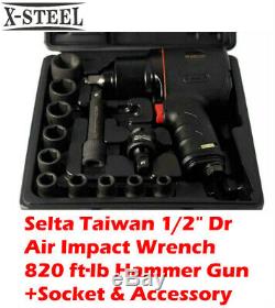 Selta Taiwan 1/2 Dr Air Impact Wrench 820 ftlb Hammer Gun+Socket & Accessory