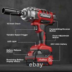 Clé à choc sans fil PULITUO 20V 1/2 pouce, pistolet à impact puissant avec couple maximal de 350 ft.