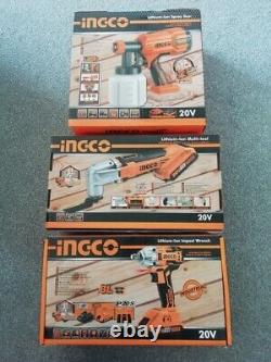 Ensemble d'outils Ing-co 20v comprenant un pistolet pulvérisateur, un outil polyvalent et une clé à chocs - neuf.
